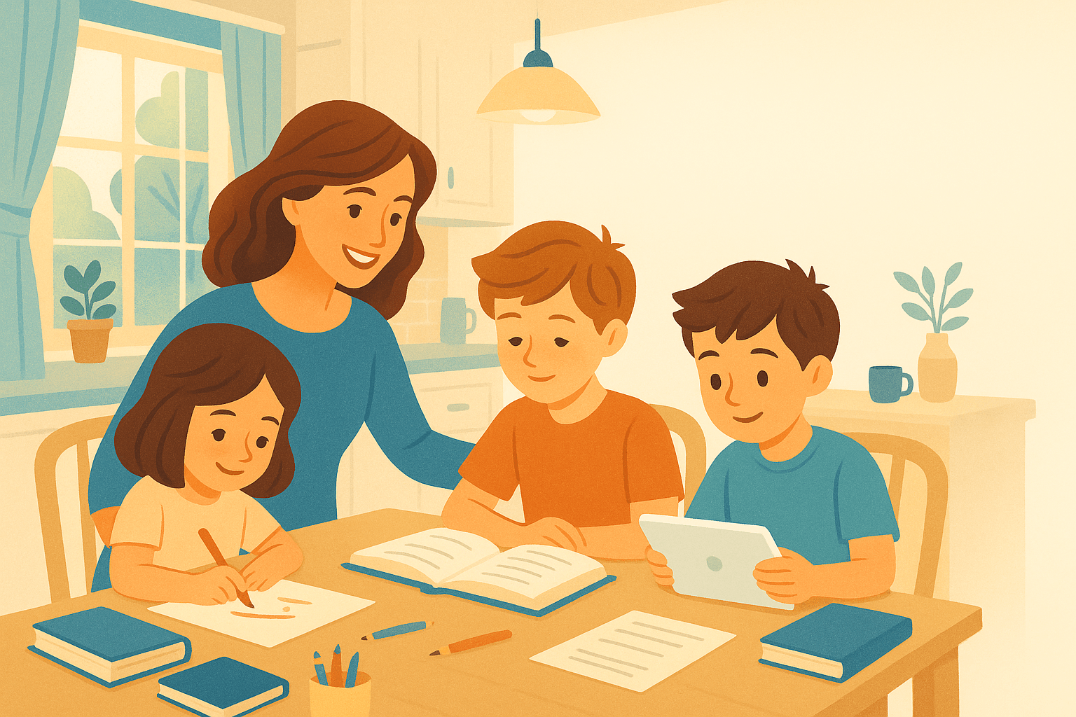 Happy homeschool family - mother learning with her two children at home